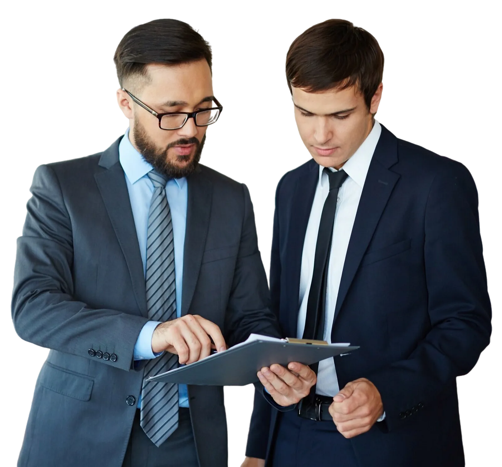Two businessmen in suits review documents together during a meeting, demonstrating professional development resources.