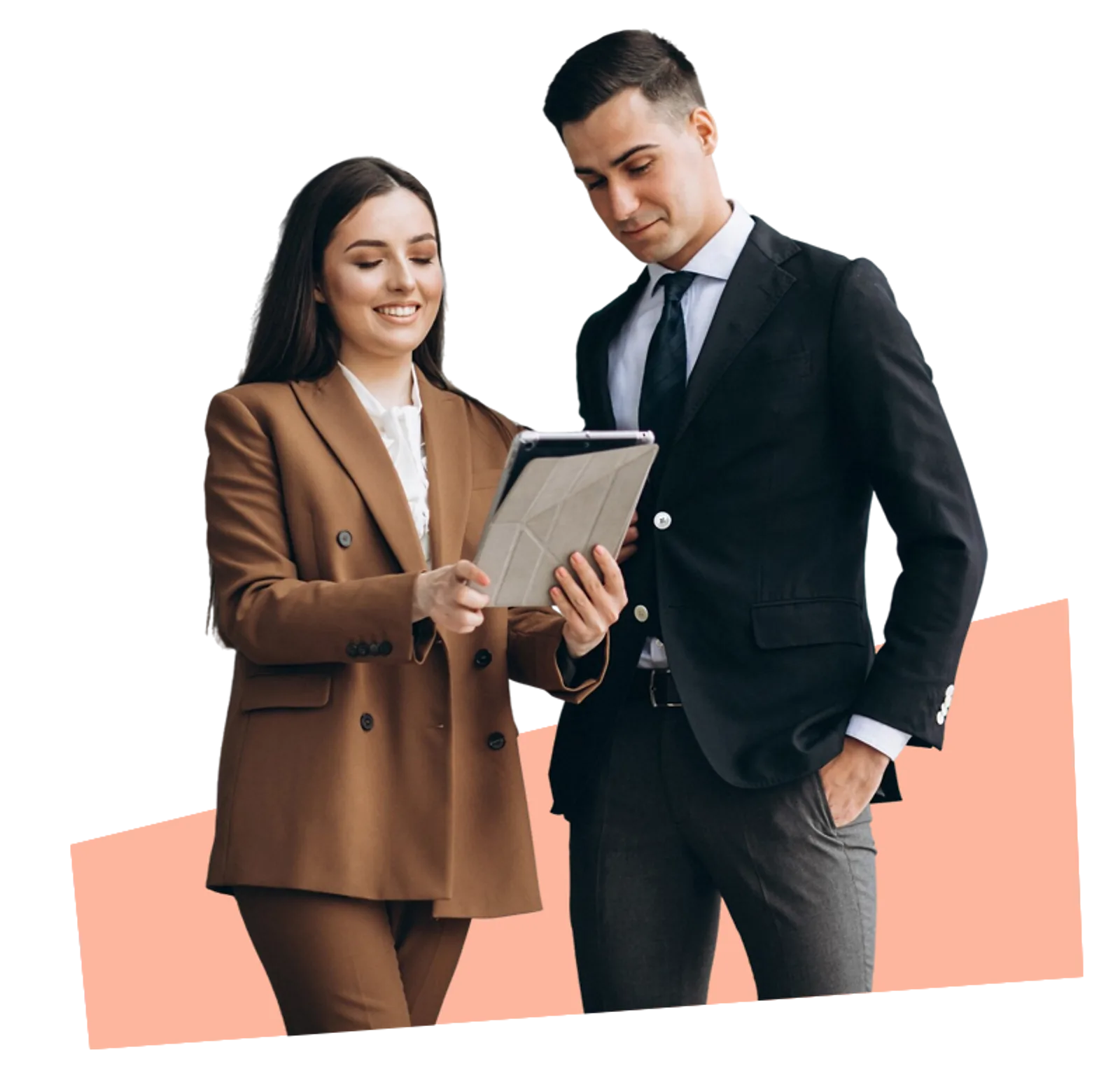 Two business professionals review data on a tablet, demonstrating CAQA LLND’s consultancy services.