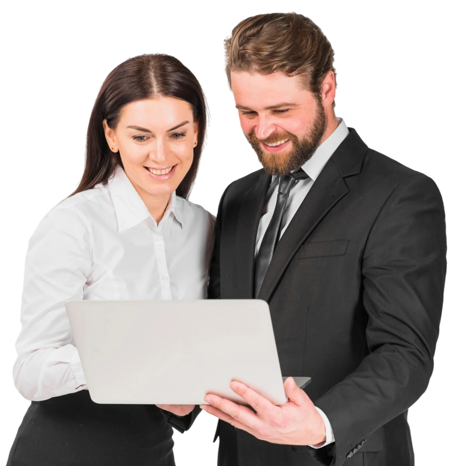 Two business professionals collaborate on a laptop, demonstrating the importance of foundation skills.