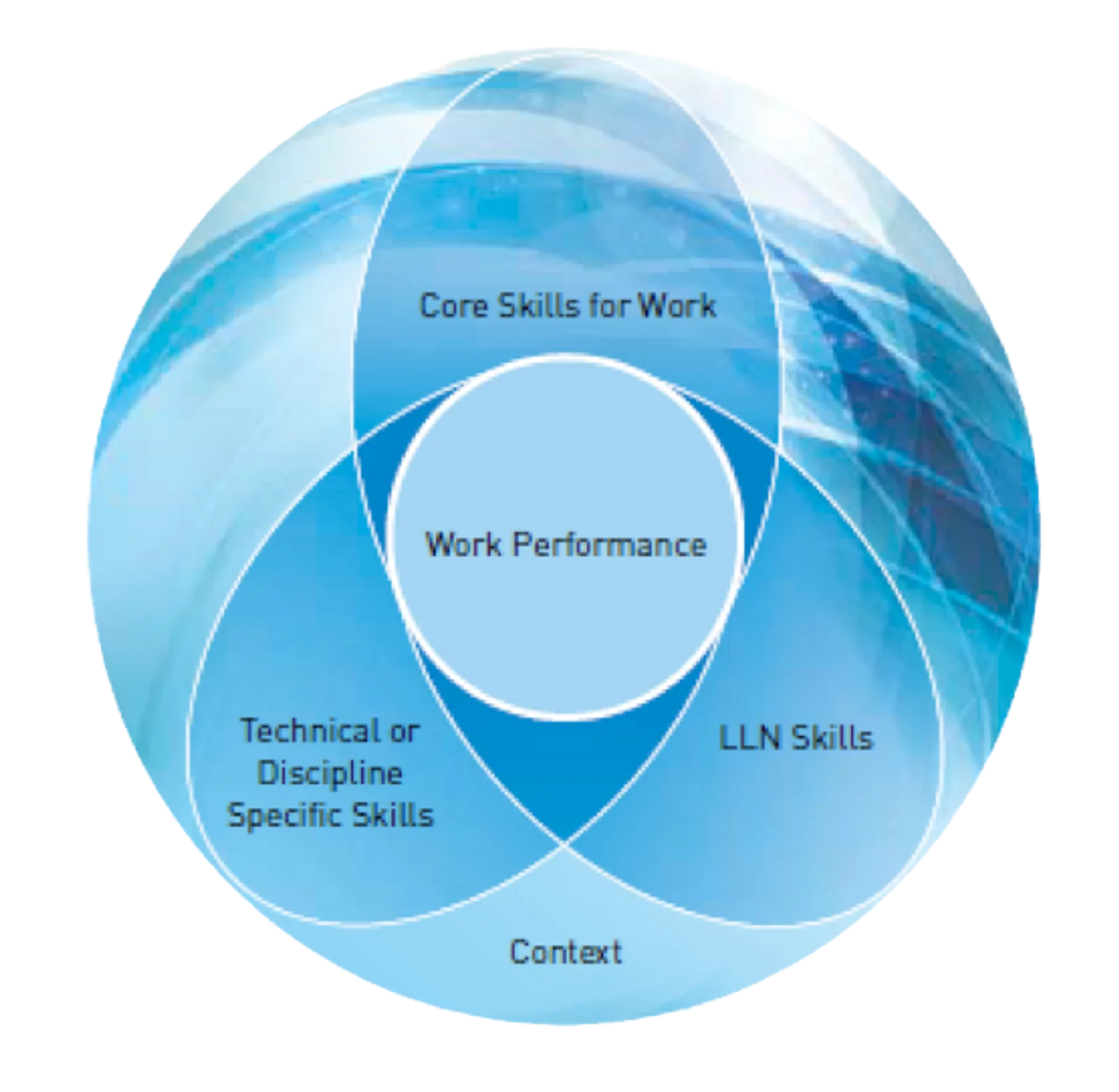 A Venn diagram shows how core skills, technical skills and context combine for work performance as part of LLND training.