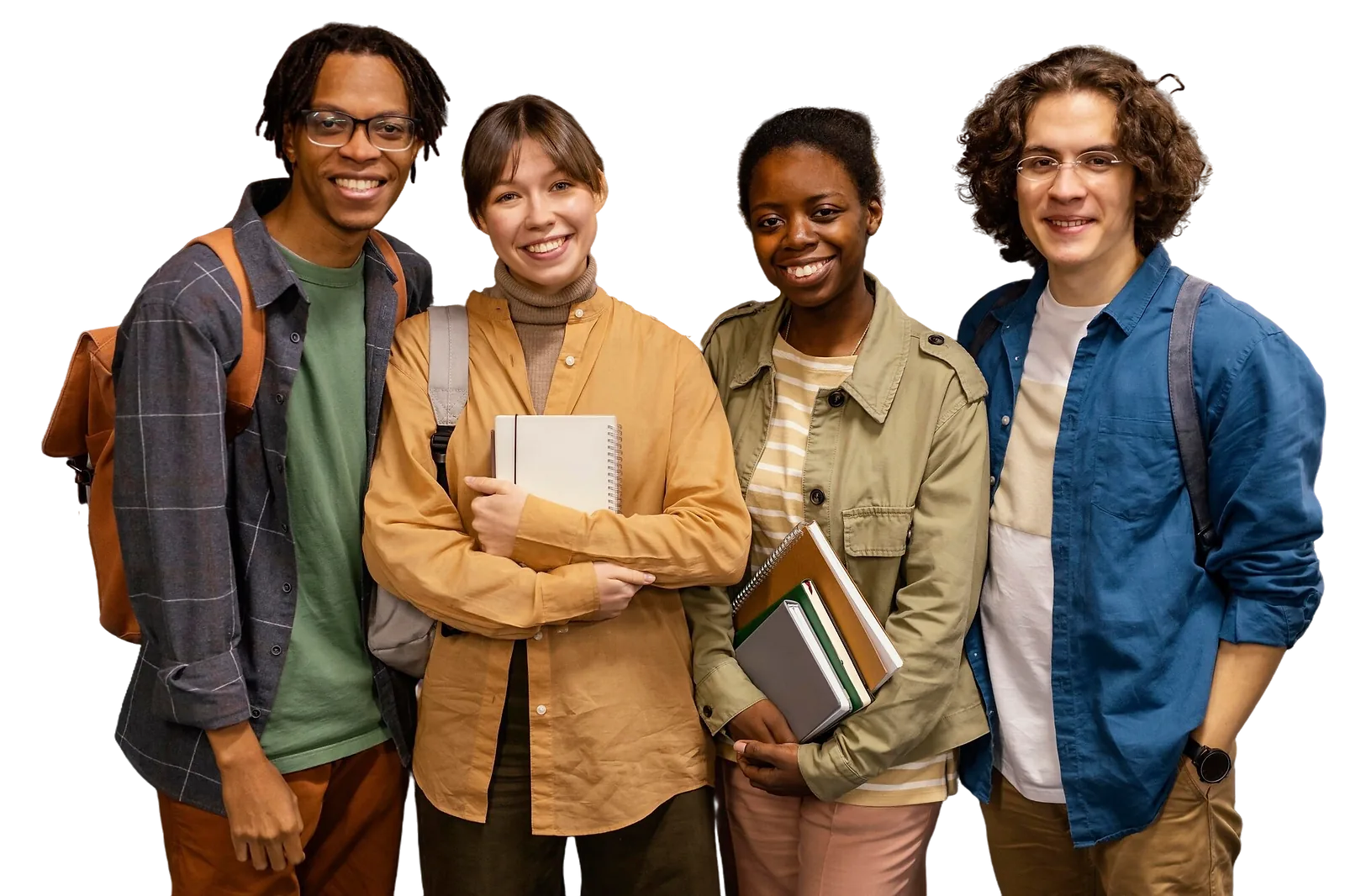 Four diverse students smile while holding books and backpacks, demonstrating CAQA LLND's focus on employability skills.