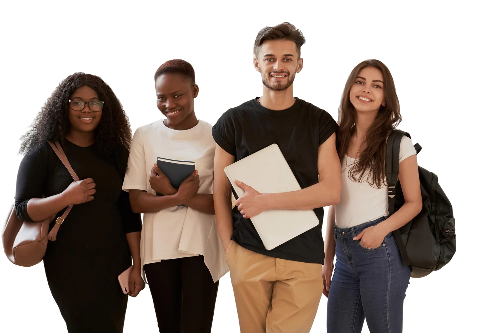 Four diverse students stand together holding books and backpacks, demonstrating CAQA LLND's focus on employability skills.