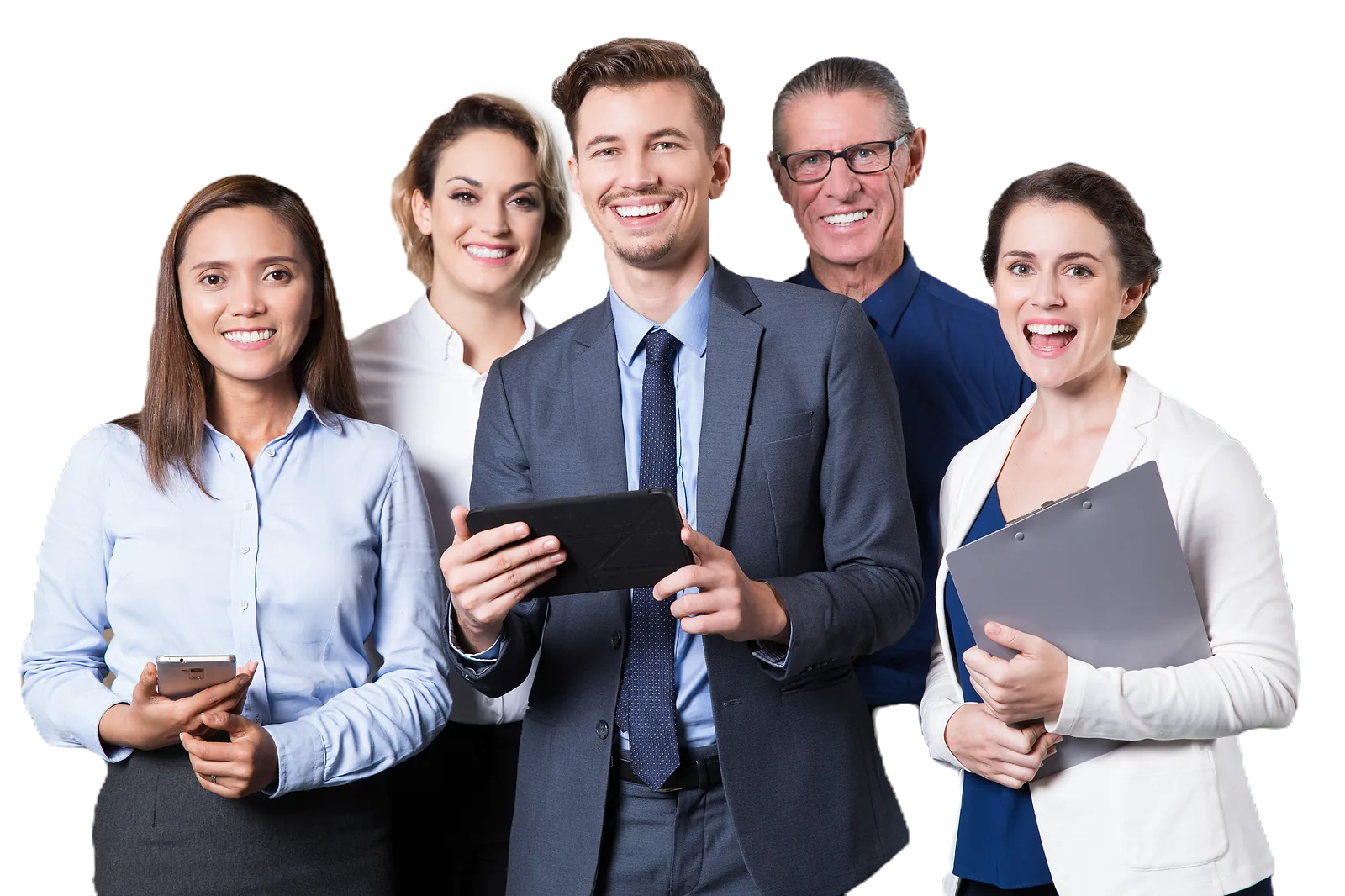 A diverse group of business professionals smiles at the camera, representing CAQA LLND's commitment to foundation skills.