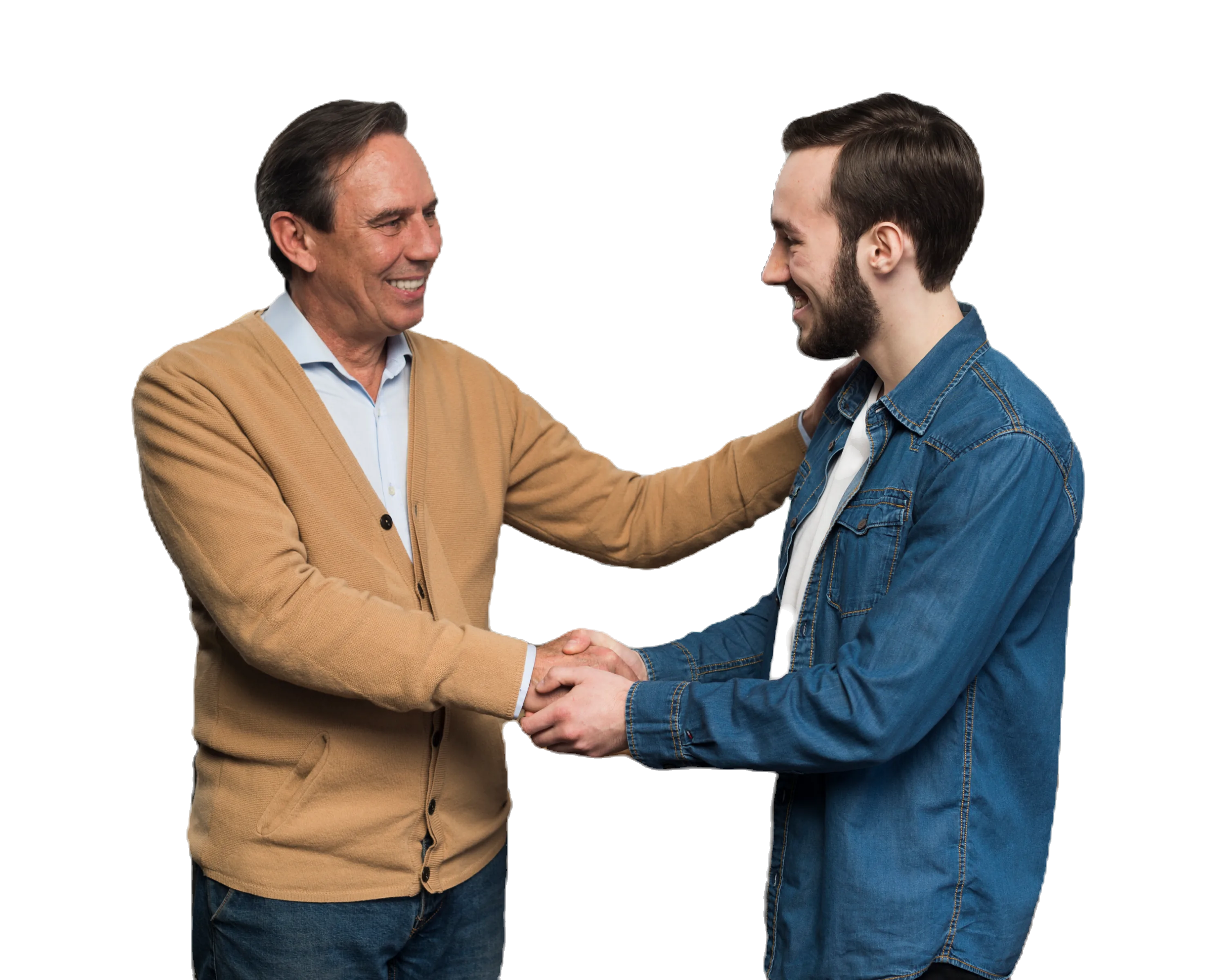 A father and son shake hands warmly, demonstrating a positive partnership approach to foundation skills training.