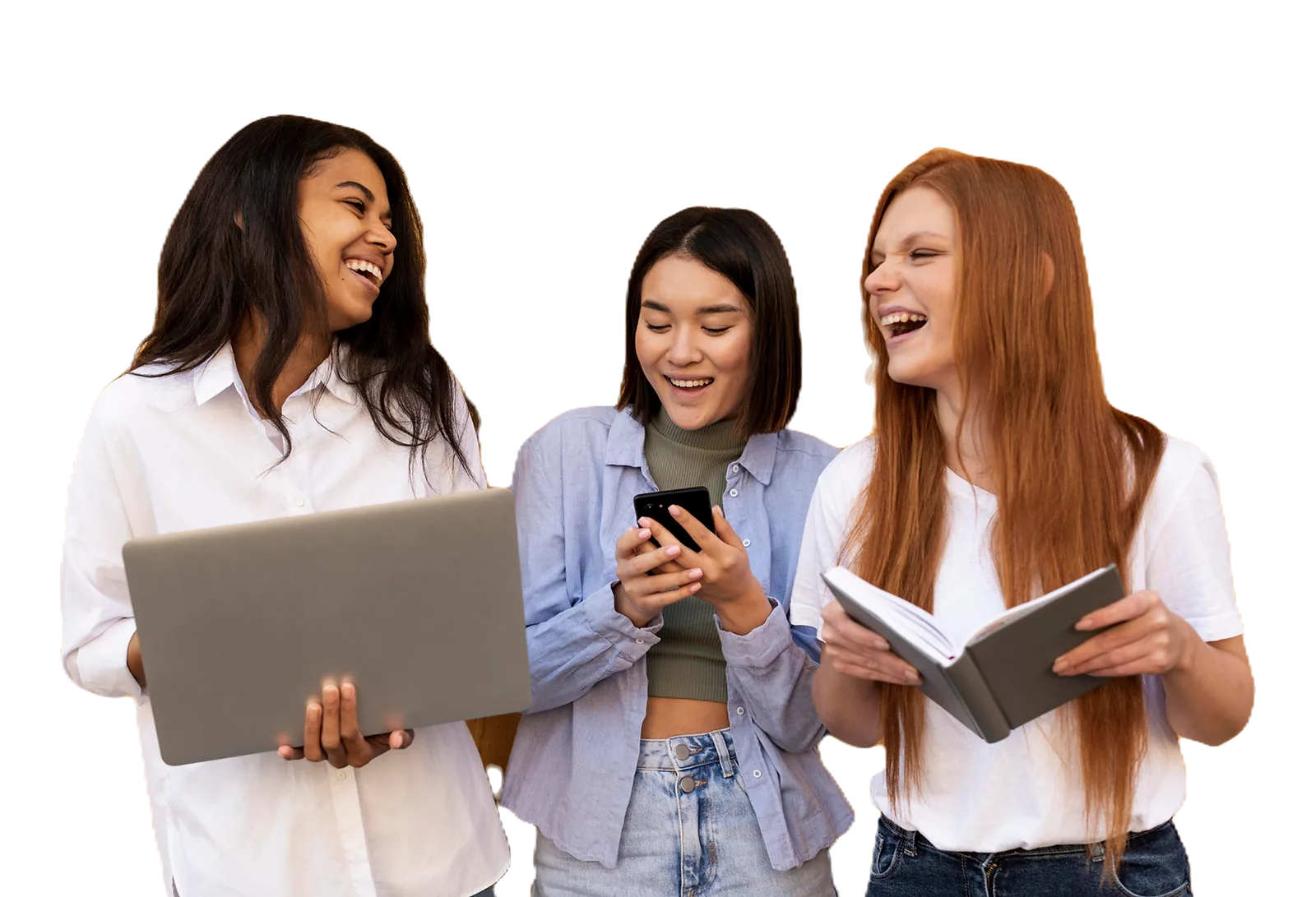 Three students collaborate on a laptop and phone, demonstrating successful foundation skills training.