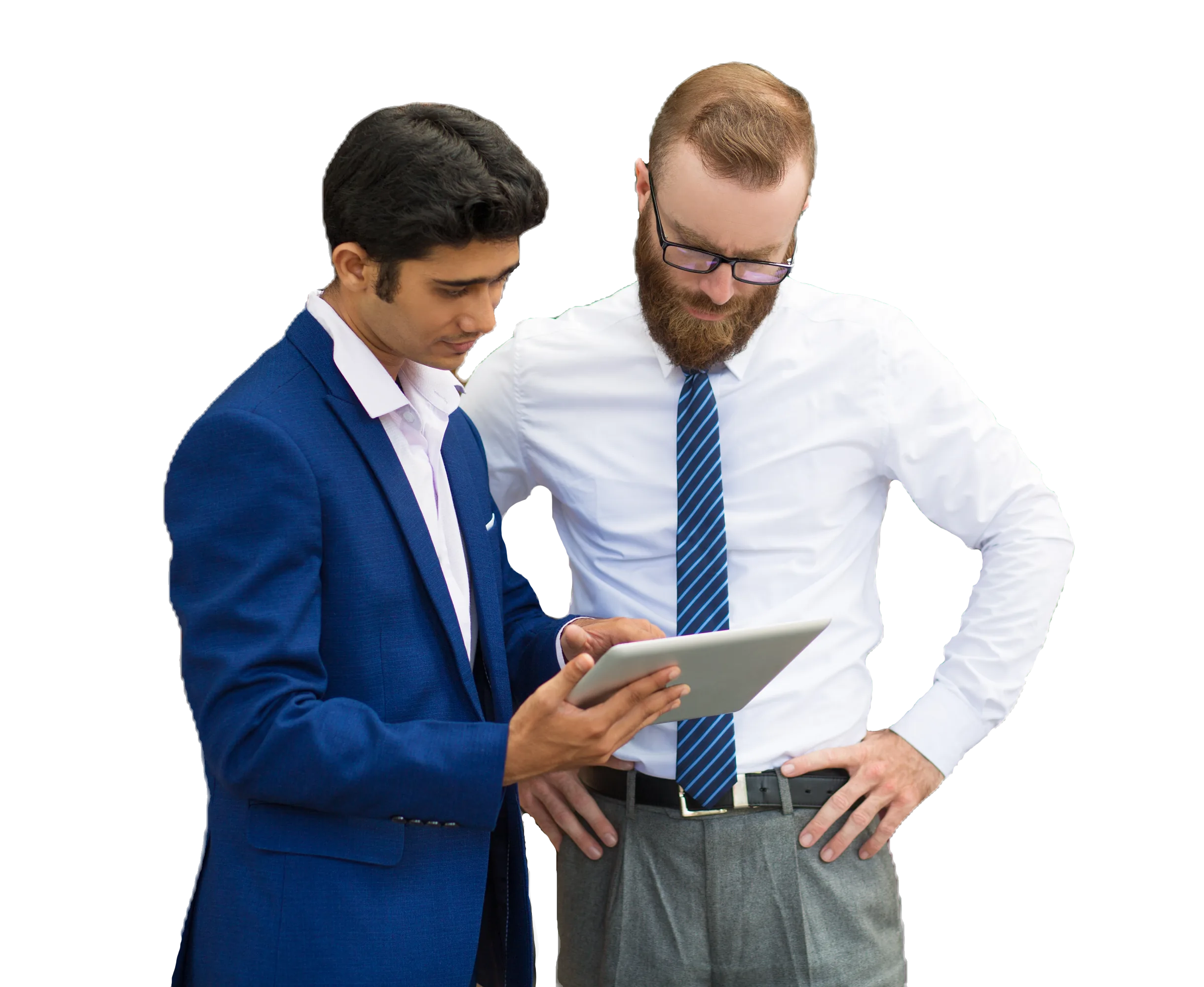 Two businessmen review data on a tablet, discussing llnd assessment requirements during a meeting.