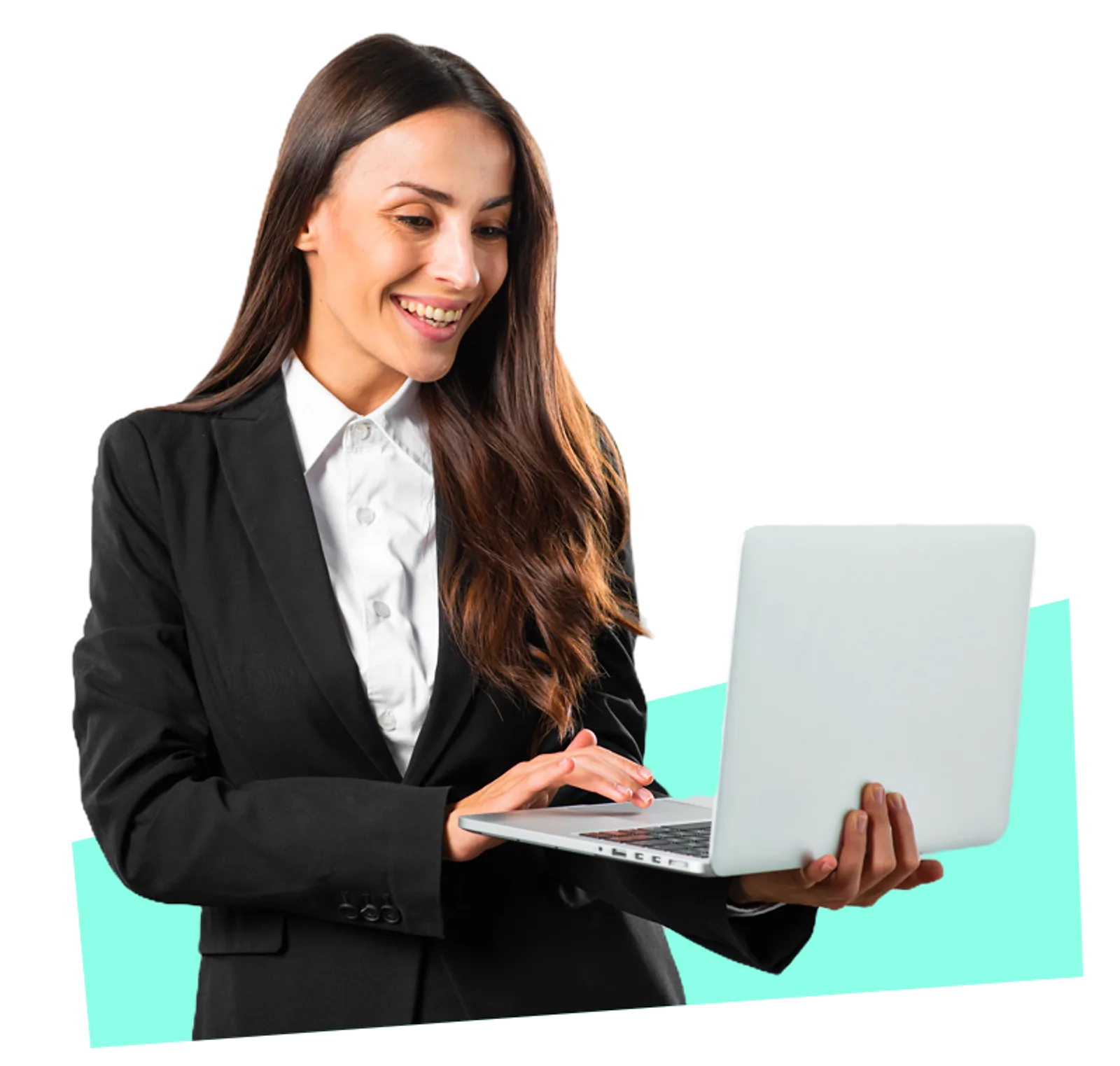A smiling businesswoman reviews an LLND assessment on a laptop, demonstrating technology in professional development.