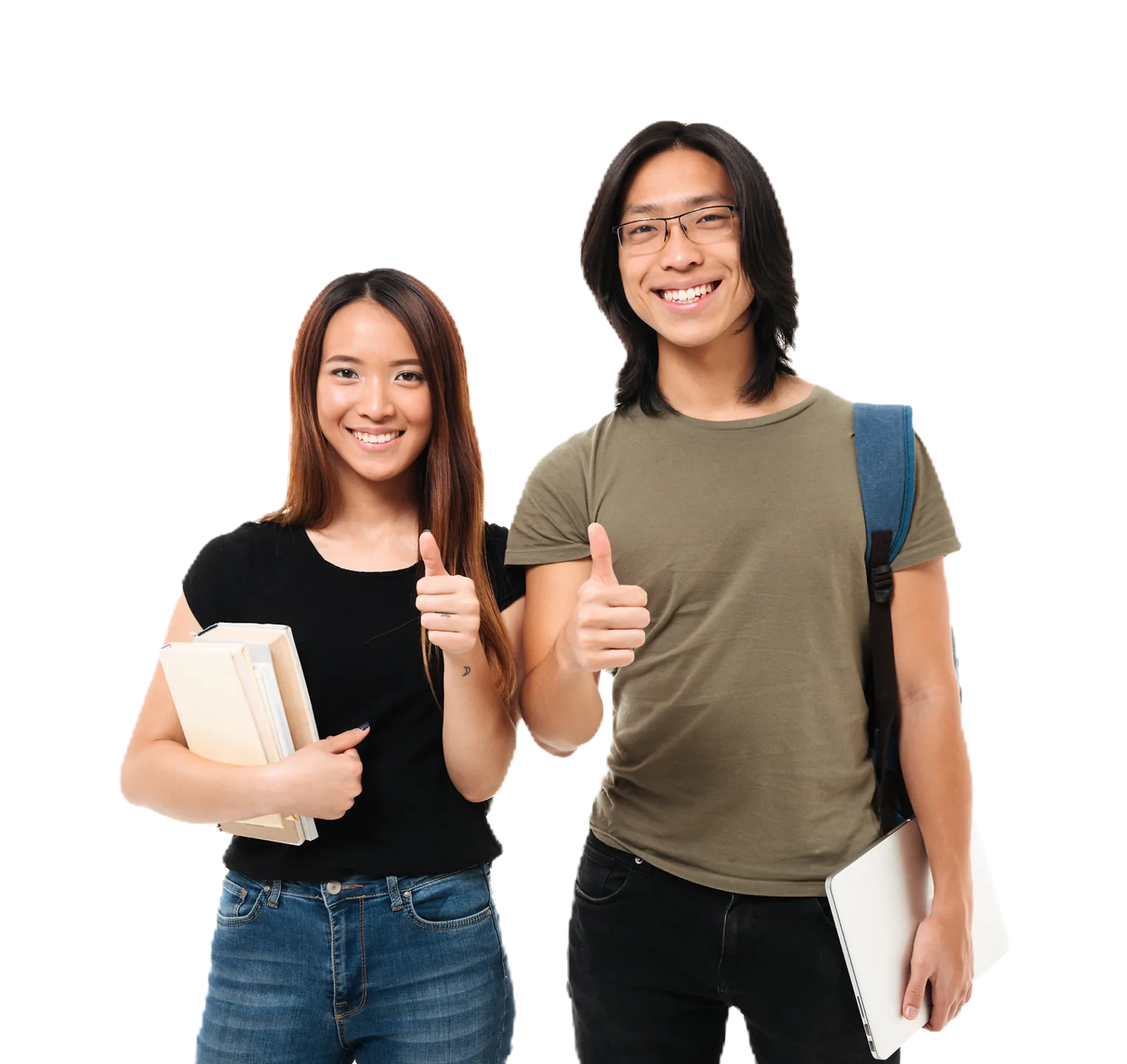 Smiling students show their approval while studying with books and a laptop, demonstrating successful foundation skills.