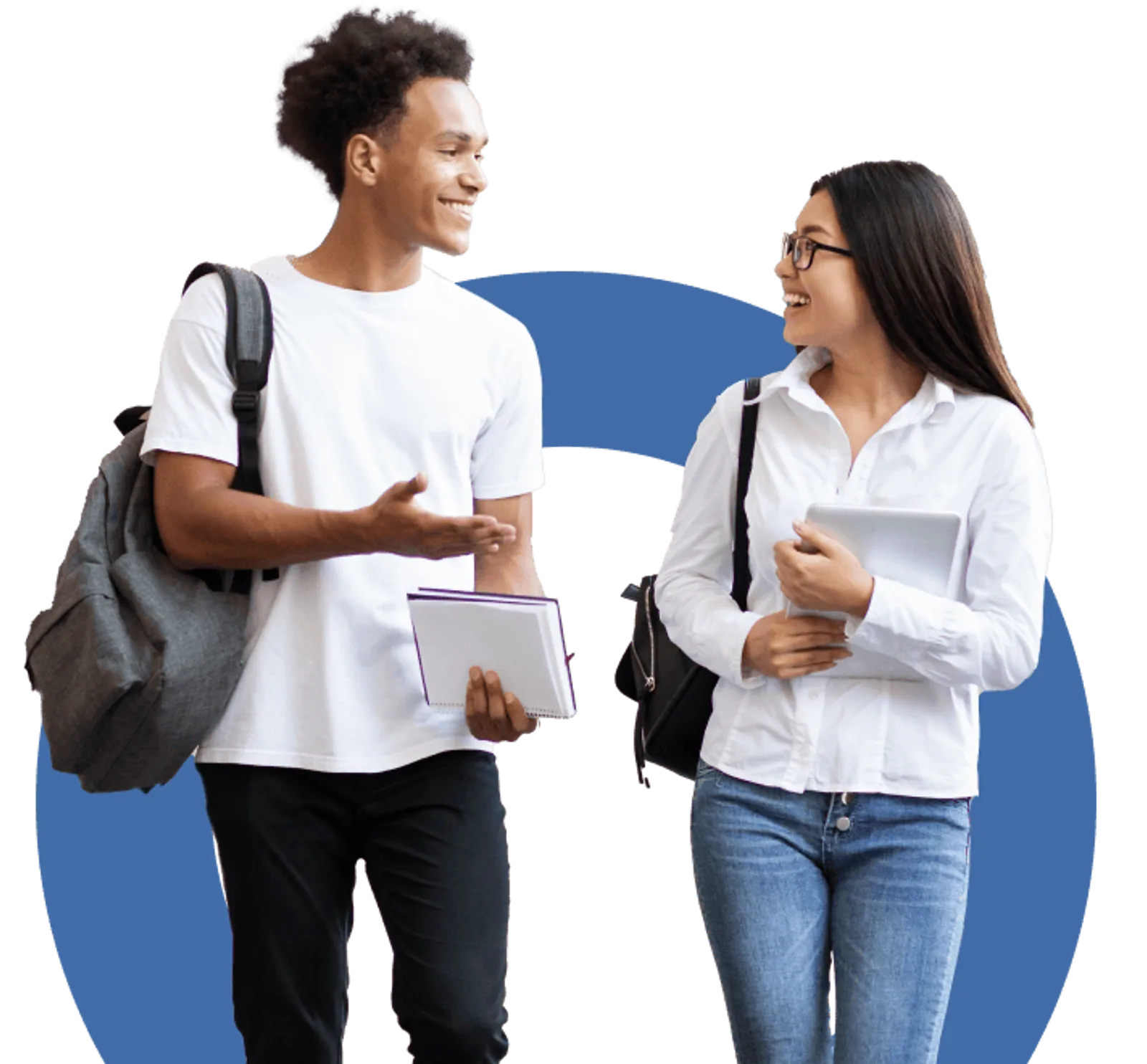 Two students walk and talk while carrying books, demonstrating foundational skills training.