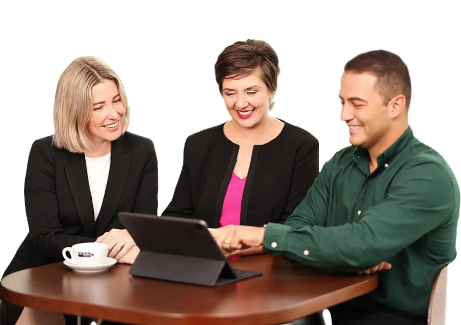 A business team collaborates around a tablet during foundation skills training.