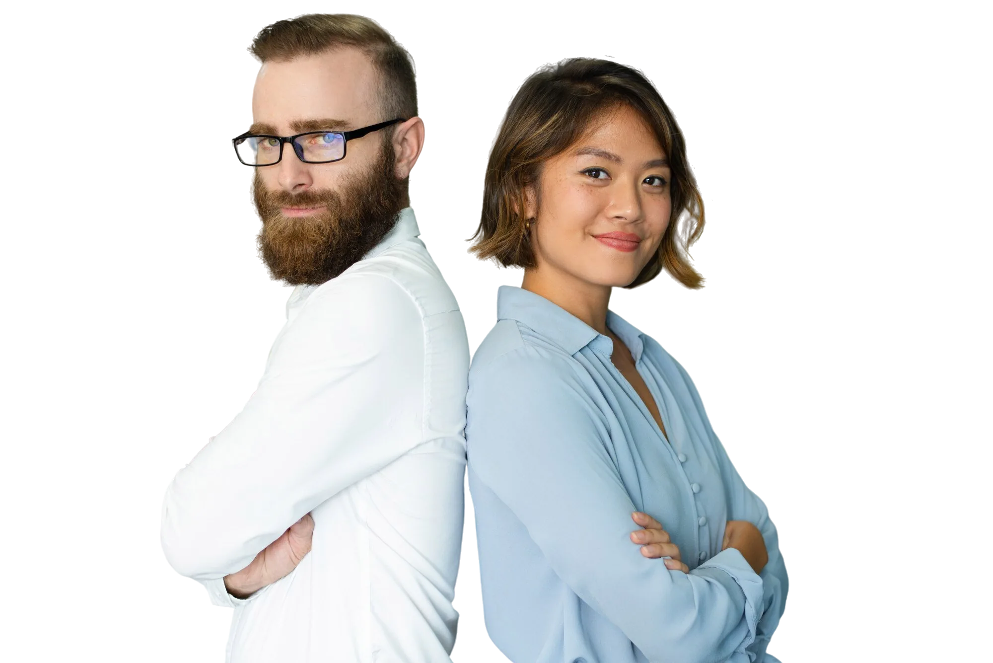 A man and woman stand back-to-back, demonstrating collaboration in employability skills training.